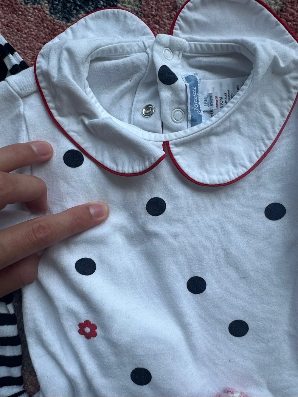 Jacadi- Striped and Polka Dot Peter Pan Collar Baby One-Piece (Black & White)